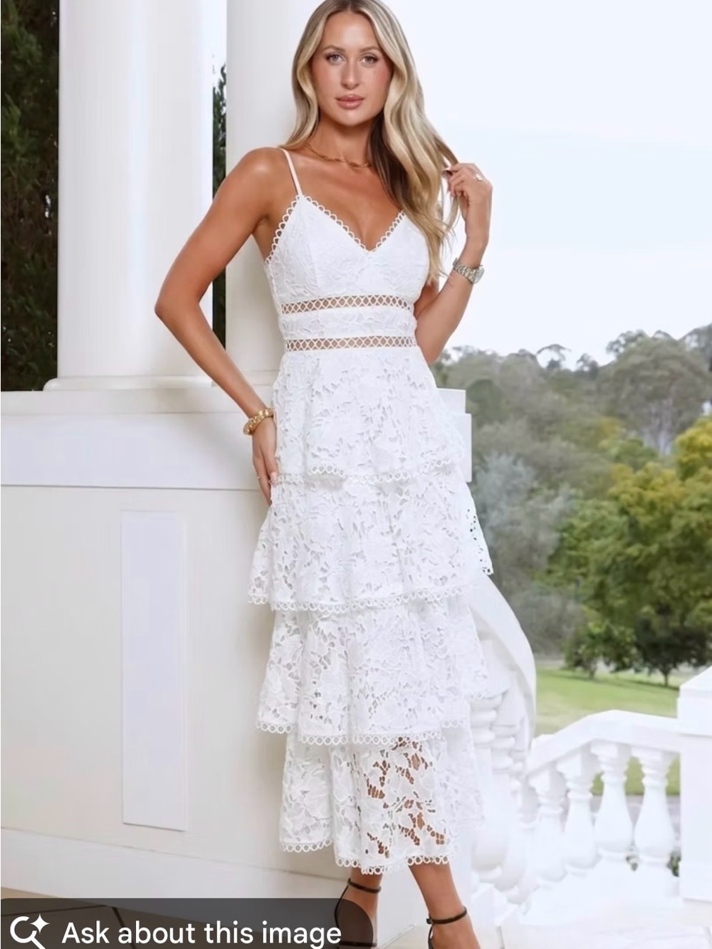 Lulu's White Lace Tiered Spaghetti-Strap Midi Dress